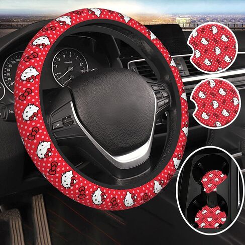 Cute Cartoon Car Accessories Thickened Steering Wheel Cover, with 2 Pieces Car Coasters Women Men Car Steering Wheel Covers Protector Universal 15 Inch (BIACK A) in Saudi Arabia