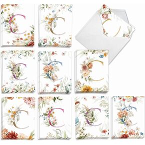 The Best Card Company - 20 Assorted Colored Monogram Blank Notecards, Personal Stationary Bulk Box Set 4 x 5.12 Inch w/Envelopes, Miss you and Just Because Notes - Dragon Initials J AM10319OCB-B2x10