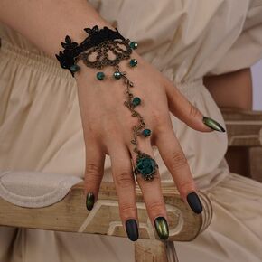 Kercisbeauty Retro Gold Pendant Black Lace with Emerald Crystal Tassel Hand Harness Halloween Costume Wristband for Women Girls Lolita Bracelet (Style 6)
