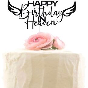 Happy Birthday in Heaven with Angel Wings Cake Topper for Birthday, Anniversary, Funeral Party Supplies, Heavenly Celebrations Cake Decorations Gold Glitter