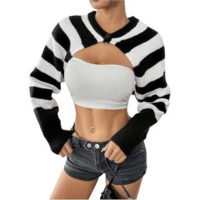 GORGLITTER Women's Striped Button Front Crop Cardigan Long Sleeve V Neck Shrug Sweater