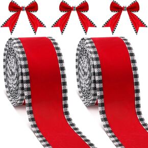 Yuxung 2 Rolls Christmas Velvet Wired Ribbon 2.5 Inch Total 20 Yard Red Velvet Ribbon with Black White Buffalo Plaid Edge Ribbon for Gift Wrap Bows Wreath Crafts Christmas Tree Decor