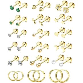 Small Hypoallergenic 14K Gold Flat Back Stud Earrings for Women Men Surgical Steel Cute Tiny Stack FlatBack Hoop Cartilage Earring Emerald Green Screw Back Lobe Helix Multiple Piercing Jewelry 20G