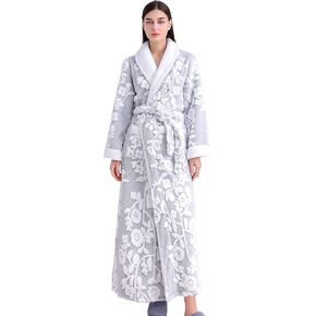 Women's Sherpa Fleece Robe Long Warm Plush Luxury Bathrobe Fuzzy House Coat Jacquard Pattern