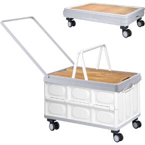Folding Rolling Cart with Wheels - Portable Utility Cart with Wooden Lid, Collapsible Crate for Storage, 1.5 Cubic Feet Larger Capacity Shopping Cart, Grocery Cart on 1.8" Wheels (White)