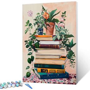 Bookshelf Book Theme Pink Library Paint by Numbers Kits for Adult Vintage Paint by Numbers Boho Painting Kits on Canvas with Brushes and Acrylic Pigment for Home Wall Without Framed 16''W x 20''H