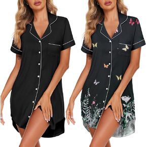 Ekouaer Nightgowns for Women 2 Pack Button Down Sleepwear Short Sleeve Sleepshirts Soft Nightshirts Boyfriend Pajama Dress