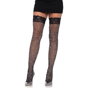 حذاء Leg Avenue للسيدات من الدانتيل العلوي من Lurex اللامع، شبكة من الفخذين، أسود، مقاس واحد