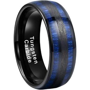 8mm Black Tungsten Rings for Men Women Engagement Wedding Bands Blue/Green Koa Wood Inlay Domed Brushed Textured Center Comfort Fit