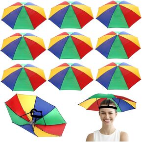 10 Pack Umbrella Hat, Rainbow Head Umbrella Cap with Elastic Band, 21 Inch Folding Waterproof Fishing Umbrella Cap for Camping, Gardening, Beach Hiking, Outdoor Sun Protection