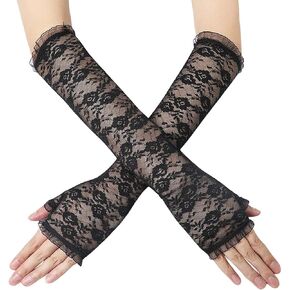 Latious Lace Gloves Black Fingerless Long Bridal Gloves Floral Glove UV Protection Party Prom Glove for Women and Girls