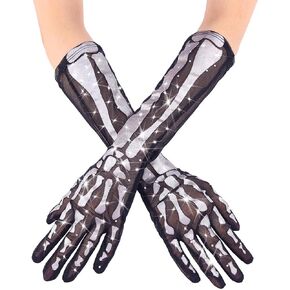 Campsis Women Lace Gloves Skeleton Lace Gloves Rhinestone Tull Gloves Halloween Costume Gloves Party Costume Dress Accessories for Women