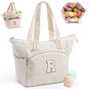 Initial Personalized Crochet Bag Tote - Corduroy Yarn Bag Storage - Yarn Holder for Crocheting - Crochet Organizer for Crochet Hooks, Crochet Accessories,Project Bag Knitting Bag Crochet Lover Gift