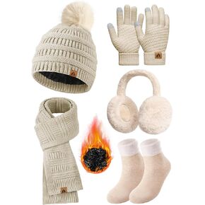 Womens Winter Beanie Hat Scarf Gloves Set Fleece Hat Long Scarf Neck Warmer Ear muffs Fuzzy Socks 5 in 1 Knit Sets