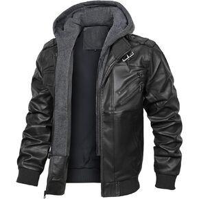 INVACHI Men's Casual Faux Leather Jacket Motorcycle Bomber Stand Collar Jacket with Removable Hood