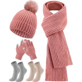SATINIOR 5 Pieces Winter Beanie Hat Scarf Touchscreen Gloves and Thick Socks Set Knit Fleece Lined Warmer for Men and Women
