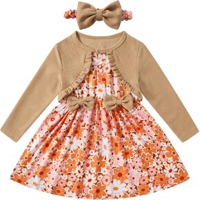 Toddler Girl Dresses 1-5T Faux Two-Piece Bowknot Cardigan Dress with Hairband