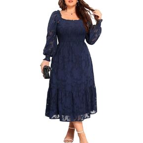 Women's 2024 Plus Size Fall Dress Long Sleeve Smocked Square Neck Floral Lace Aline Flowy Midi Dress