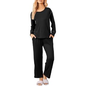 Ekouaer Women's Pajamas Set 2 Piece Long Sleeve Loungewear Sets Cover Stitch Crewneck Top and Long Pants with Pockets