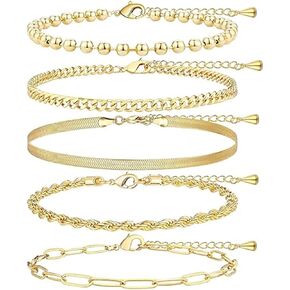 5 pcs Women's gold bracelet cuff dainty Set - Fashionable, Stackable, Waterproof, Comes with Tennis and Bead Pendant Bracelet, Stackable Cuban Chain Paper Clip Chain Bracelet Bag Fashion Accessories