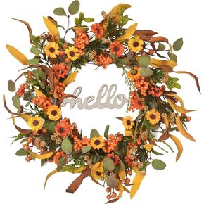 Fall Wreaths for Front Door, 20 Inches Farmhouse Fall Wreath with Hello Sign for Thanksgiving Indoor Window Wall Home Decor…