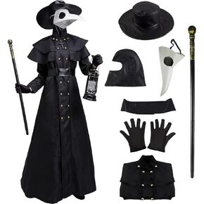 Plague Doctor Costume Halloween 6Pcs Renaissance Medieval Steampunk Monk Priest Cosplay with Mask Hat Robe Cane