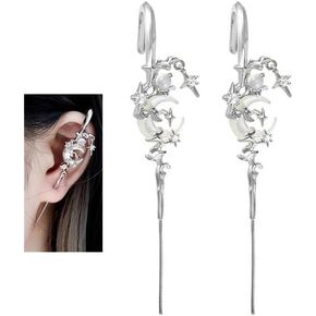 Myth of The Moon Ear Hook Earrings Creative Star Moon Earrings for Women Moon Ear Hook Needle Piercing Earring Gothic Moon Climber Crawler Earrings Punk Halloween Moon Jewelry