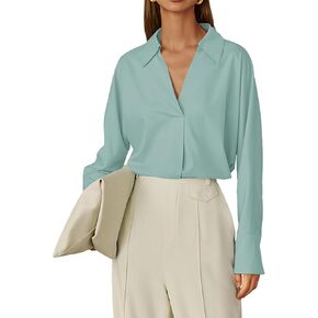 بلوزة عمل نسائية من Prettywear بأكمام طويلة بياقة على شكل V قمصان رسمية للمكتب ملابس علوية فضفاضة غير رسمية 2024 in Kuwait