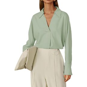 Prettywear Women's Long Sleeve Work Blouse Collared V Neck Office Business Shirts Dressy Casual Loose Tops 2024