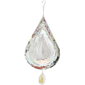 19.5inch Multicolored Wind Spinners Outdoor Metal 3D Wind Spinner Stainless Steel Drop-Shaped Pattern with Colorful Crystals Pendant & 360° Rotating Hook Hanging Garden Decor