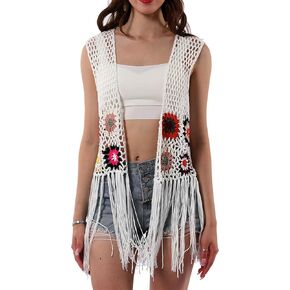 Women's Floral Crochet Hollow Out Sleeveless Fringe Long Boho Retro-Look Handmade Cardigan Vest
