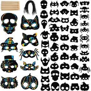 Nicunom 52 PCS Halloween Rainbow Scratch Mask, Magic Scratch Paper Mask Art Craft Kit for Kids Birthday Cosplay Decoration, Bat Pumpkin Skull Zombie Witch Pirate Halloween Party Favor Supplies
