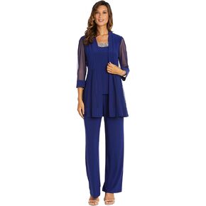 R&M Richards 3 PC Pant Suit W/Sheer Inserts, Beaded Neckline & Diamante
