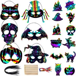 BCCSNNM 48PCS Halloween Crafts for Kids,Rainbow Scratch Masks Scratch Art Kit with Magic Scratch Paper for Halloween Party,Birthday,Classroom Activities and Favors Supplies