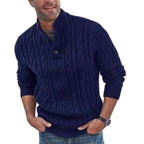 Beotyshow Mens Cable Knitted Pullover Sweaters Stand Collar Solid Twisted Thermal Sweaters with Button for Men