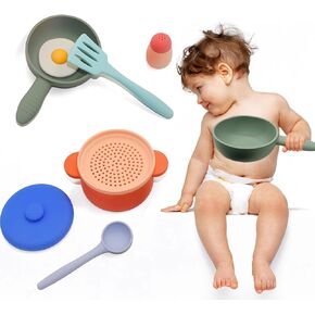 Play Kitchen Accessories, Silicone Pretend Play Kitchen Toys Set, Play Kitchen Pots and Pans Set for Kids, Learning Education Cooking Toys for Girls(Orange)