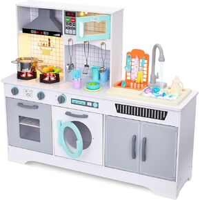 Lil’ Jumbl Kids Wooden Kitchen Set, Pretend Working Sink with Real Running Water, Includes Range Hood, Microwave & Stove Top That Make Realistic Sound & Light, Full Accessory Set Included