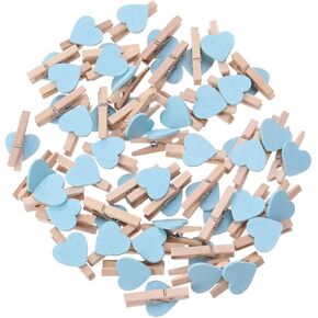 SHOWERORO 50pcs Small Wooden Hearts for Crafts - Blue Wood Clips with Hearts - Perfect for Wedding Valentine's Day Vintage Decor Scrapbooking & Photo Display