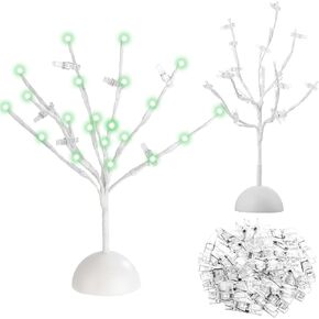 Honoson حامل هدايا شجرة المال عيد الميلاد LED فروع الطاولة ديكور ضوء الليل حامل شجرة الجنية مع 32 مقطعًا واضحًا لعرض الصور وبطاقات المذكرات وسادات عيد الميلاد وحفلات الزفاف (الضوء الأخضر)