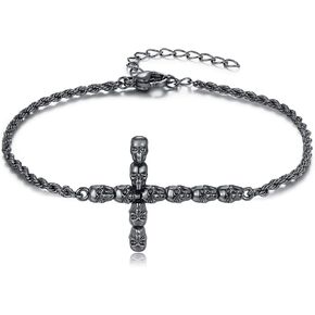 Skull Cross Bracelet 925 Sterling Silver Black Retro Gothic Bracelet Punk Jewelry Halloween Gifts for Women Men