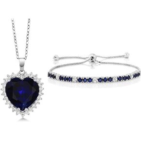 Gem Stone King Blue Sapphire Tennis Bracelet and Heart Pendant Necklace Set for Women in 925 Sterling Silver | With 18 Inch Silver Chain | September Birthstone | Jewelry Set for Women