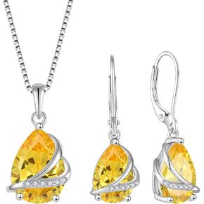 Teardrop Jewelry Set for Women 925 Sterling Silver Citrine November Birthstone Necklace Leverback Earrings Gifts for Wife Girlfriend Mother Daughter Her