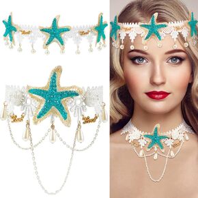 MTLEE Women Mermaid Sea Star Starfish Hairbands Mermaid Costume Set Mermaid Starfish Necklace Summer Beach Style Mermaid Hair Accessories Wreath Bohemia Mermaid Sea Star Choker Necklace