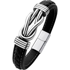 Mens Black Braided Leather Bracelet, Green/Red/Brown/Black Braided Leather Infinity Knot Bracelets for Men with Stainless Steel Clasp, 7.5/8.5/9in Length