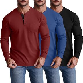 Riyiper 3 Pack Men's Henley Shirts Long Sleeve Slim Fit Casual Tops 2024 Fall Trendy Basic Tee Shirt with Pocket Button