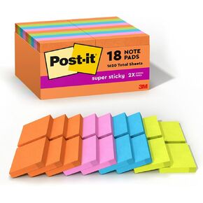 Post-it Super Sticky Notes, 1 7/8 in. x 1 7/8 in., Energy Boost Collection, 18 Pads/Pack, 90 Sheets/Pad