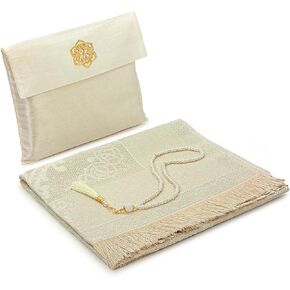 Muslim Prayer Rug and Beads with Elegant Slub Fabric Bag | Janamaz | Sajadah | Soft Islamic Prayer Rug | Islamic Gifts | Prayer Carpet Mat, Taffeta Fabric, Burgundy