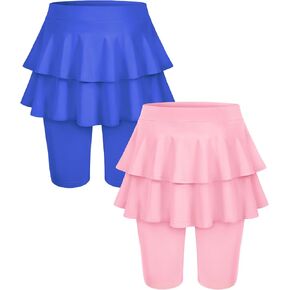 Auranso 2 Pack Girls Knee Length Leggings with Skirts Ruffle Tutu Quick Dry Athletic Skorts for Kids
