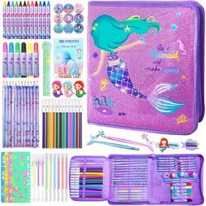 CORALMEE Mermaid Markers Set for Kids, 66 Pcs Drawing Art Supplies with Pencil Case, Markers, Crayons, Gel Pens, Stencils, Ruler, Birthday Gifts for Girls 4-9 Years Old, Ideal for Creative Fun
