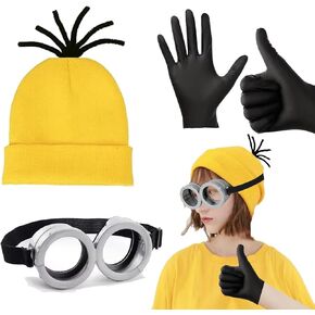 Atvscay Cartoon Party Costume Kit: Yellow Beanie Hat, Goggles, Gloves, Suspenders